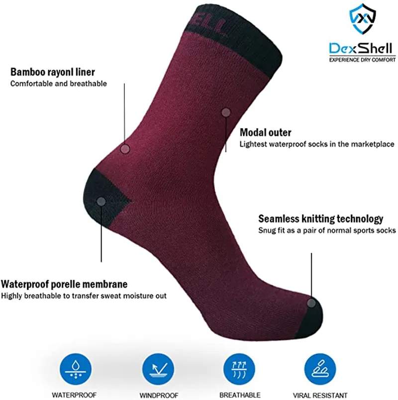 Dexshell Ultra Thin Bamboo Waterproof Socks in Burgundy Black-3